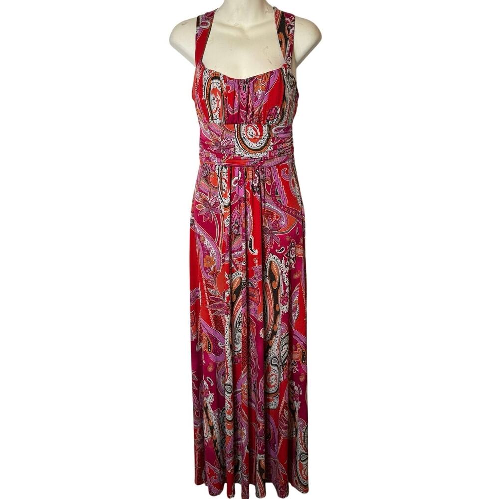 Y2K Bisou 6 Red Paisley Empire Waist Milkmaid Maxi Dress Strappy Back Stretch